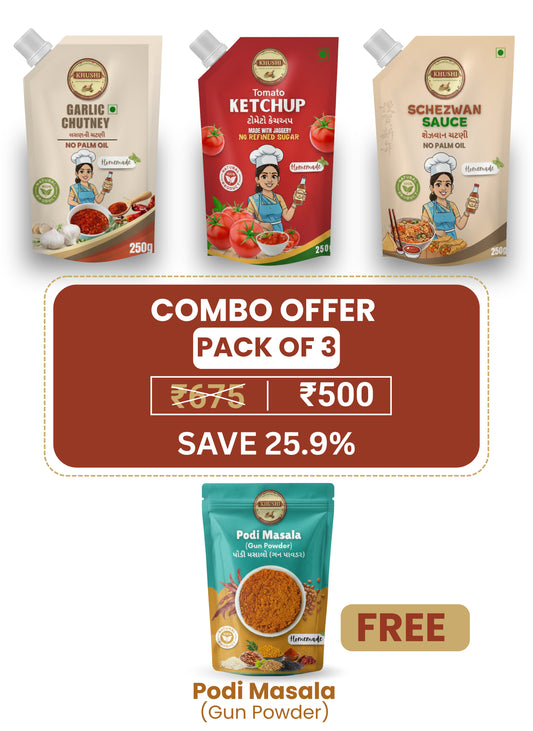 Garlic Chutney, Tomato Ketchup & Schezwan Sauce – Combo Pack (Pack of 3)
